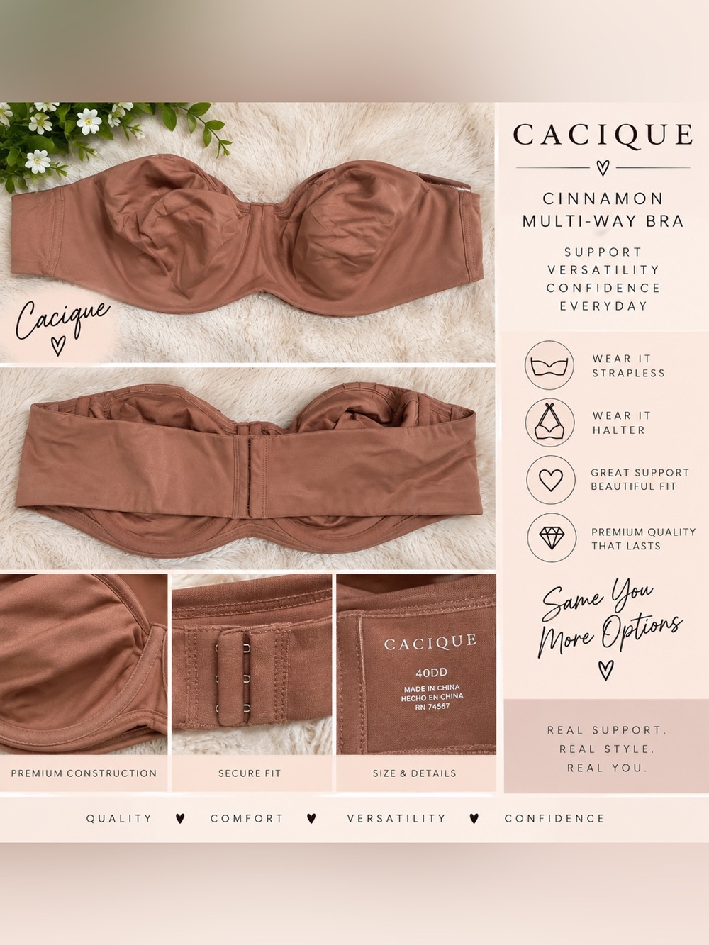 🤎 Cacique Cinnamon Multi-Way Bra | 40DD | Strapless / Halter